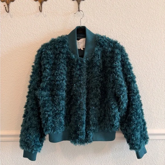 Anthropologie Teal Faux Fur Bomber Jacket - Picture 1 of 7